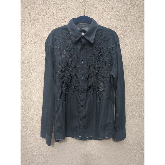 ROAR Dress Shirt LG Mens Graphic Black Embroidered Artsy Rodeo Strong Cowboy - Picture 1 of 16